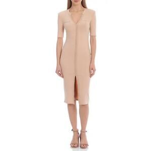 Avec Les Filles HALF Sleeve Military-Inspired Rib Knit Midi Dress Beige Size M